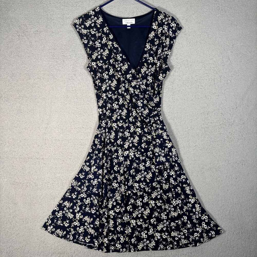 Signature By Robbie Bee Womens Size S Faux Wrap Dress Ruffles Navy Blue Textured